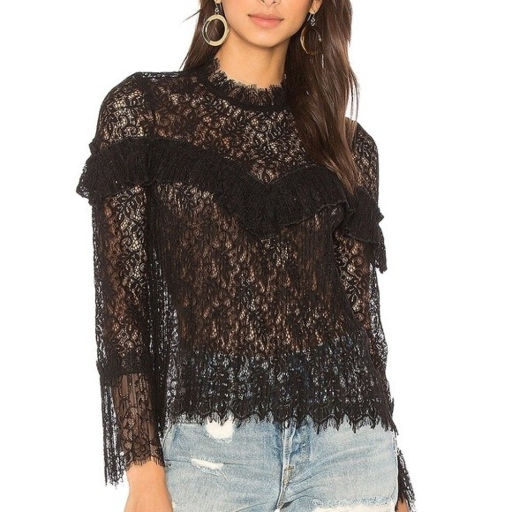 Saylor x Revolve Mariella Lace Ruffle Blouse in Black Goth Witchy